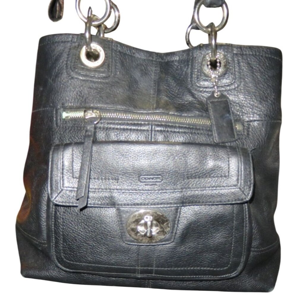 COACH 2010 Hampton 15694 Black Pebbled Leather Flap Turnlock Satchel Handbag